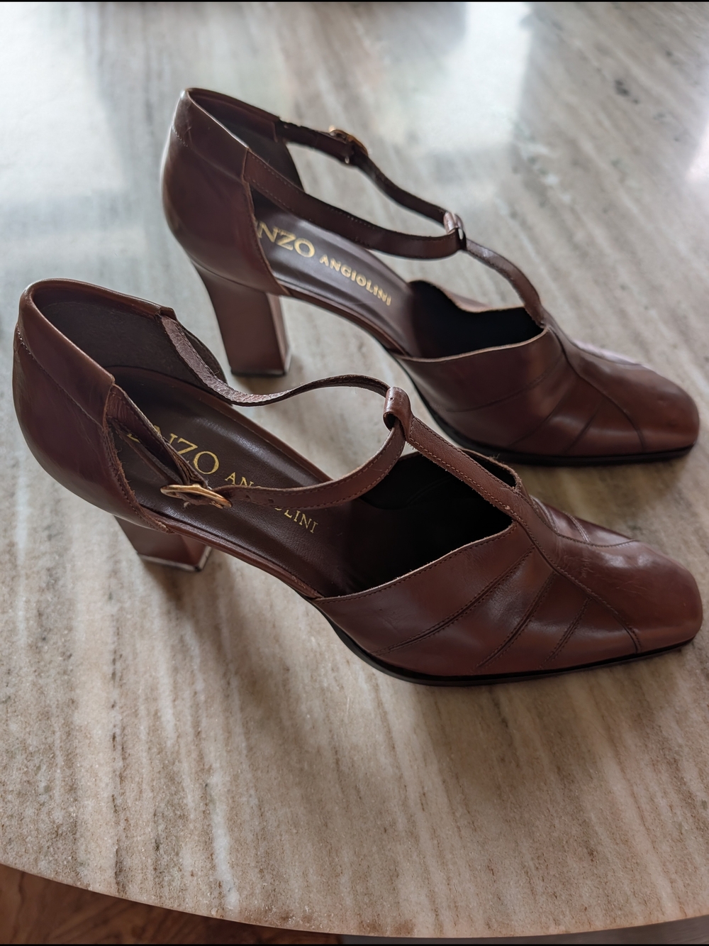 Enzo Angiolini Brown T-Strap Block Heels - Size 9.5